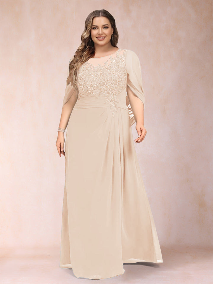 A-Line/Princess Scoop Half Sleeves Plus Size Mother of the Bride Dresses with Appliques &amp; Ruffles
