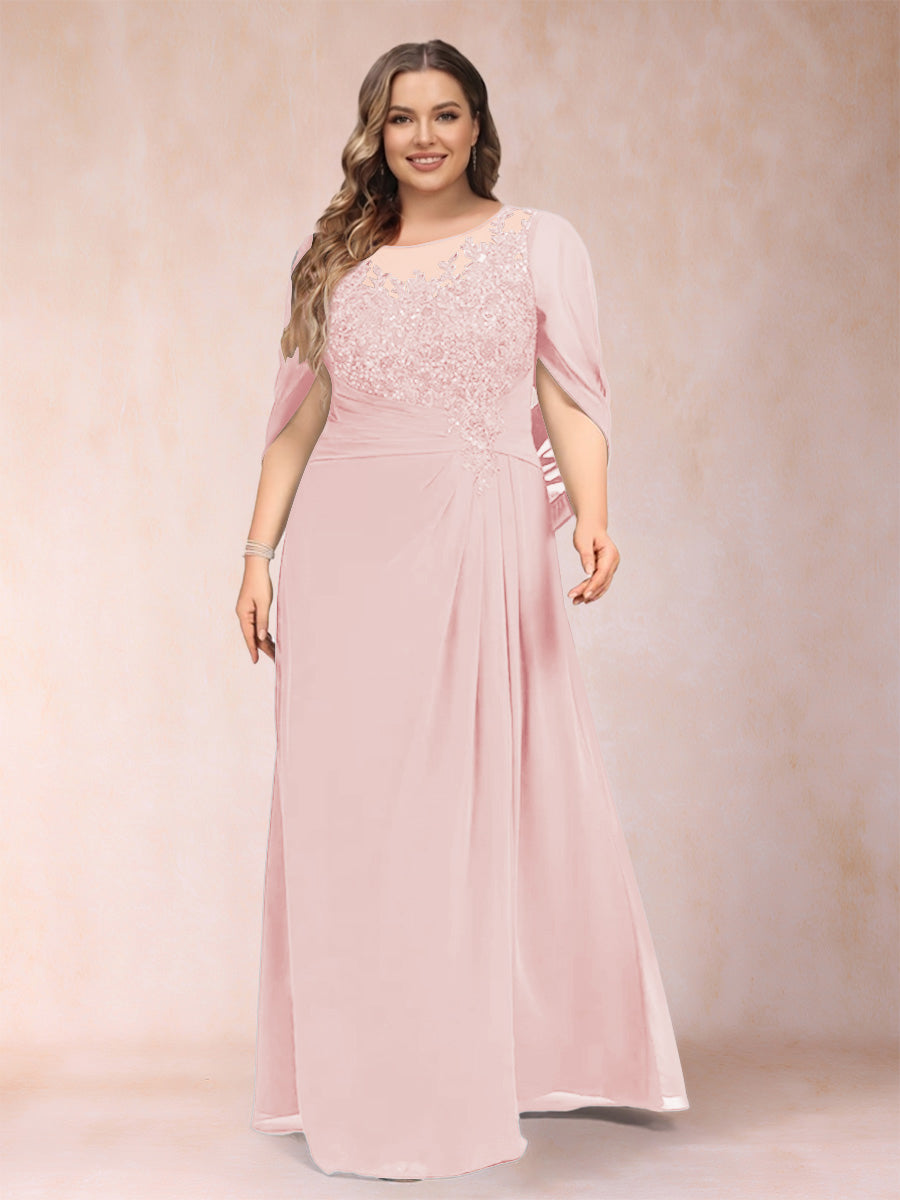 A-Line/Princess Scoop Half Sleeves Plus Size Mother of the Bride Dresses with Appliques &amp; Ruffles