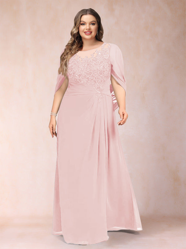 A-Line/Princess Scoop Half Sleeves Plus Size Mother of the Bride Dresses with Appliques & Ruffles