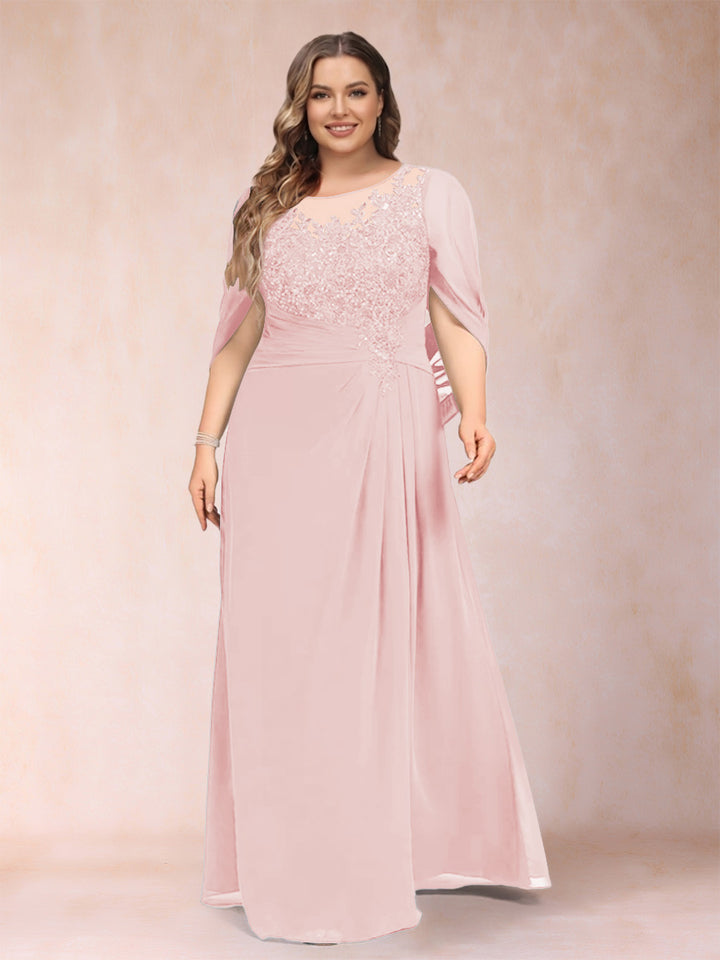 A-Line/Princess Scoop Half Sleeves Plus Size Mother of the Bride Dresses with Appliques &amp; Ruffles