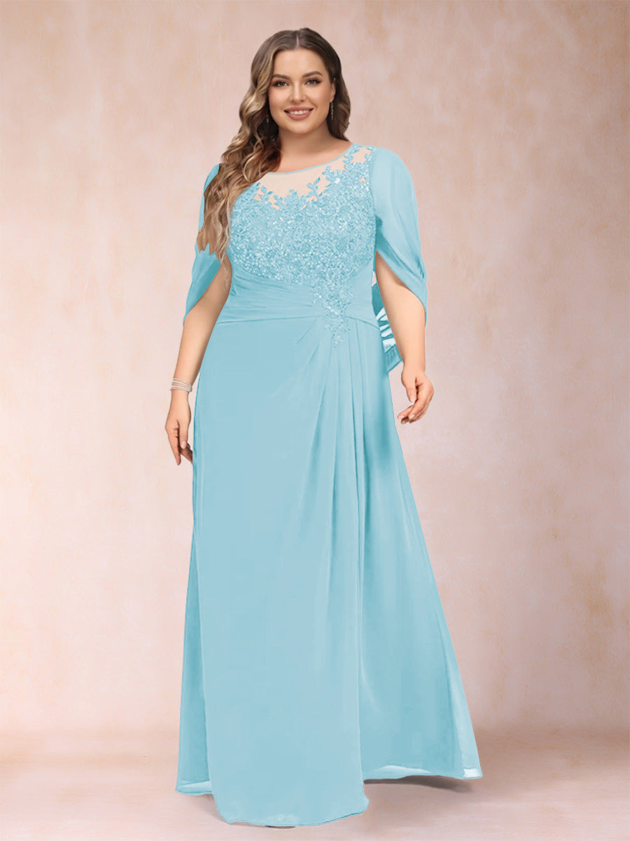 A-Line/Princess Scoop Half Sleeves Plus Size Mother of the Bride Dresses with Appliques &amp; Ruffles