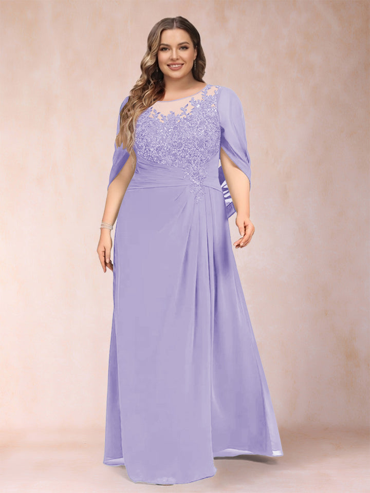 A-Line/Princess Scoop Half Sleeves Plus Size Mother of the Bride Dresses with Appliques &amp; Ruffles