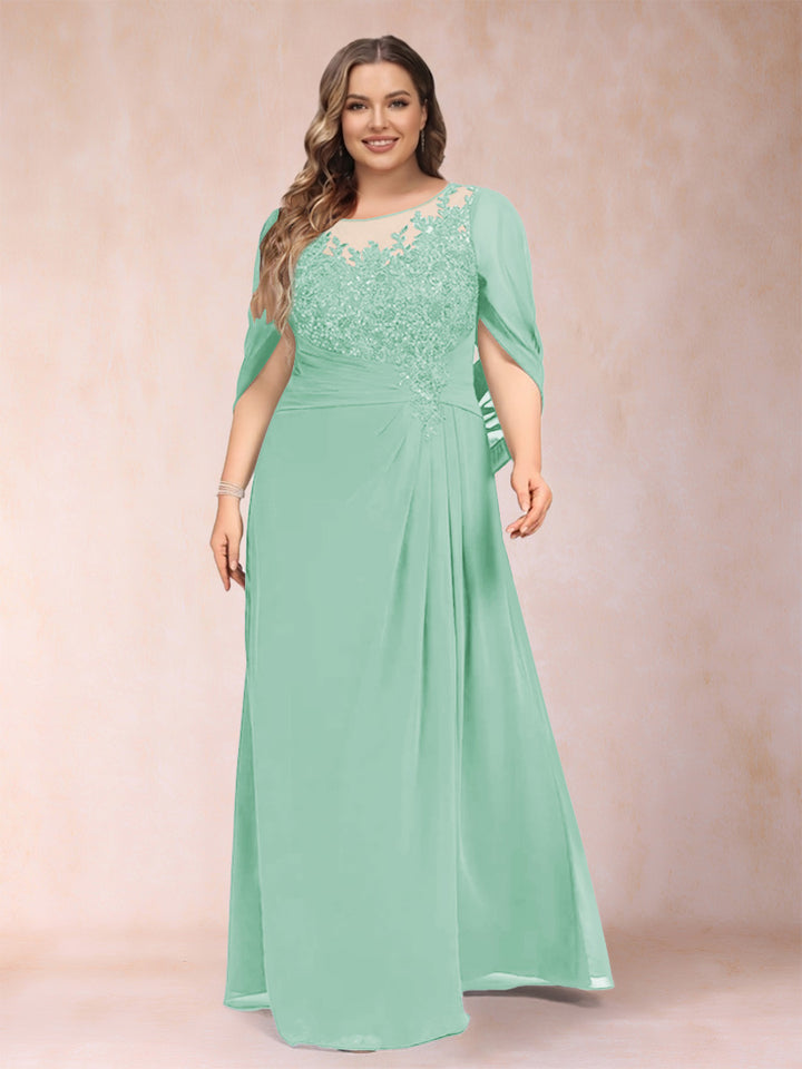 A-Line/Princess Scoop Half Sleeves Plus Size Mother of the Bride Dresses with Appliques &amp; Ruffles