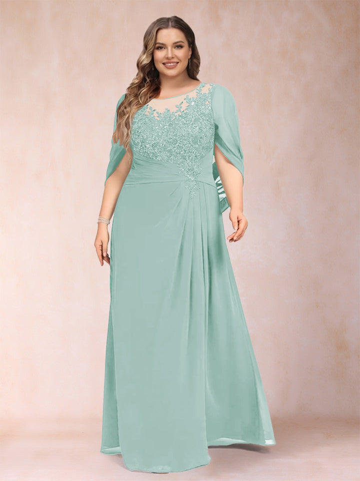 A-Line/Princess Scoop Half Sleeves Plus Size Mother of the Bride Dresses with Appliques &amp; Ruffles