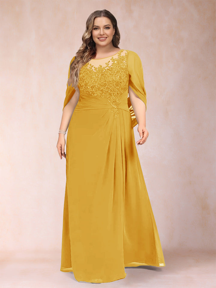 A-Line/Princess Scoop Half Sleeves Plus Size Mother of the Bride Dresses with Appliques &amp; Ruffles
