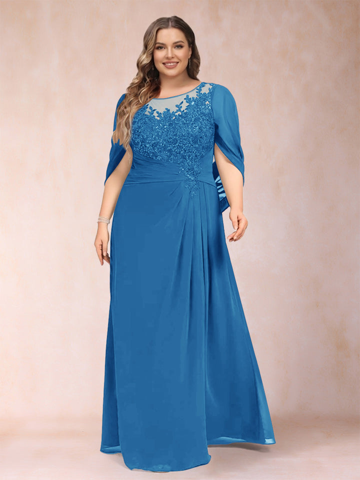 A-Line/Princess Scoop Half Sleeves Plus Size Mother of the Bride Dresses with Appliques &amp; Ruffles