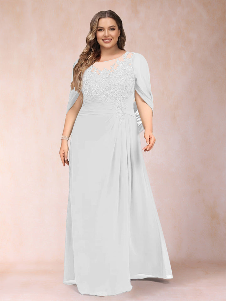 A-Line/Princess Scoop Half Sleeves Plus Size Mother of the Bride Dresses with Appliques &amp; Ruffles