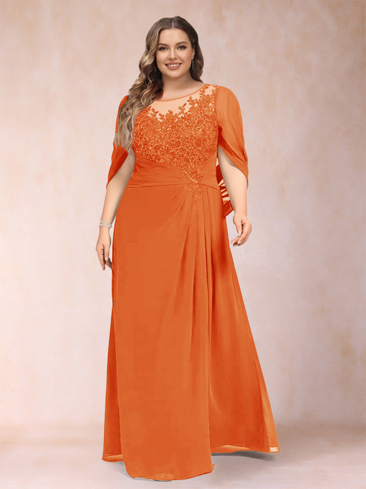 A-Line/Princess Scoop Half Sleeves Plus Size Mother of the Bride Dresses with Appliques &amp; Ruffles