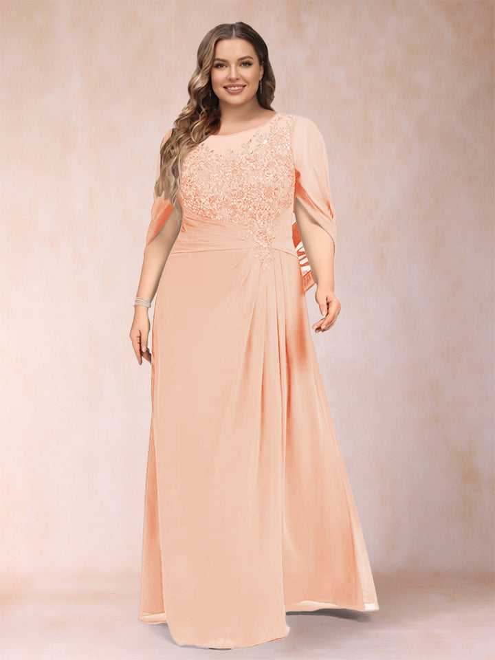A-Line/Princess Scoop Half Sleeves Plus Size Mother of the Bride Dresses with Appliques &amp; Ruffles