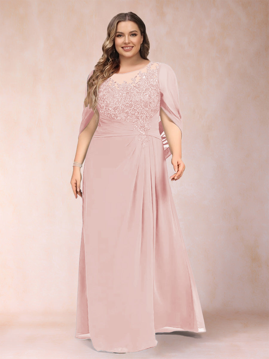 A-Line/Princess Scoop Half Sleeves Plus Size Mother of the Bride Dresses with Appliques &amp; Ruffles