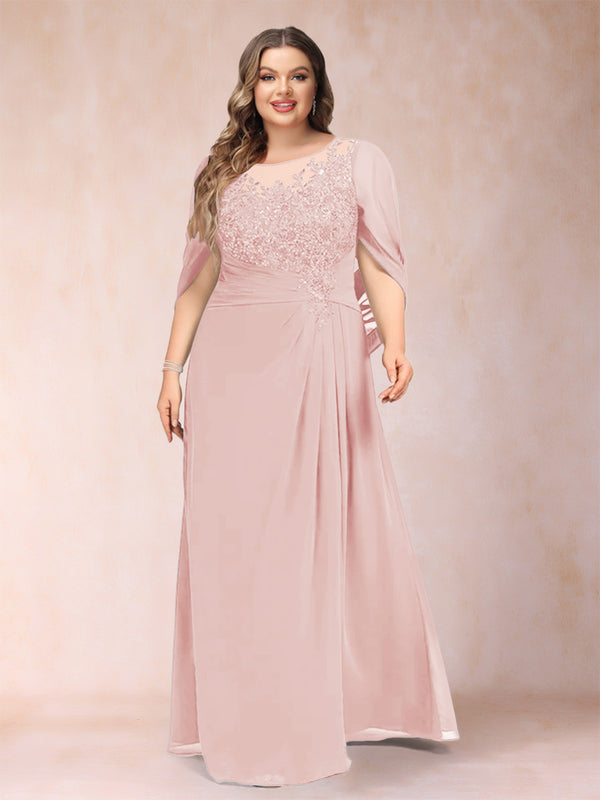 A-Line/Princess Scoop Half Sleeves Plus Size Mother of the Bride Dresses with Appliques & Ruffles
