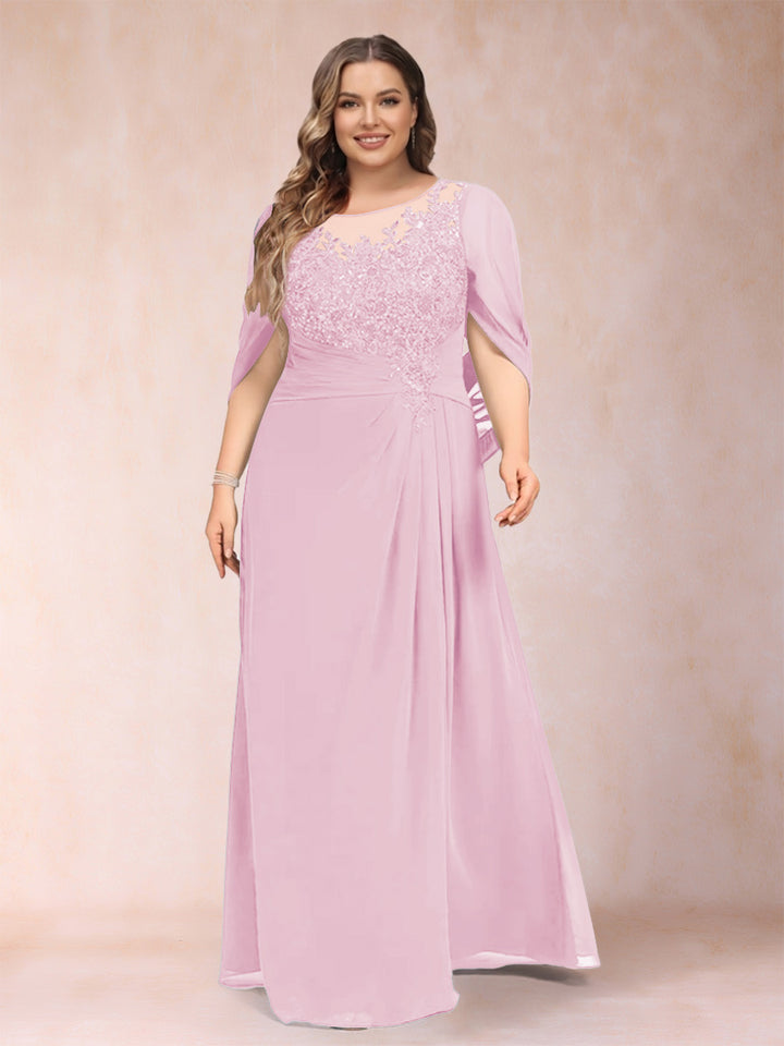 A-Line/Princess Scoop Half Sleeves Plus Size Mother of the Bride Dresses with Appliques &amp; Ruffles