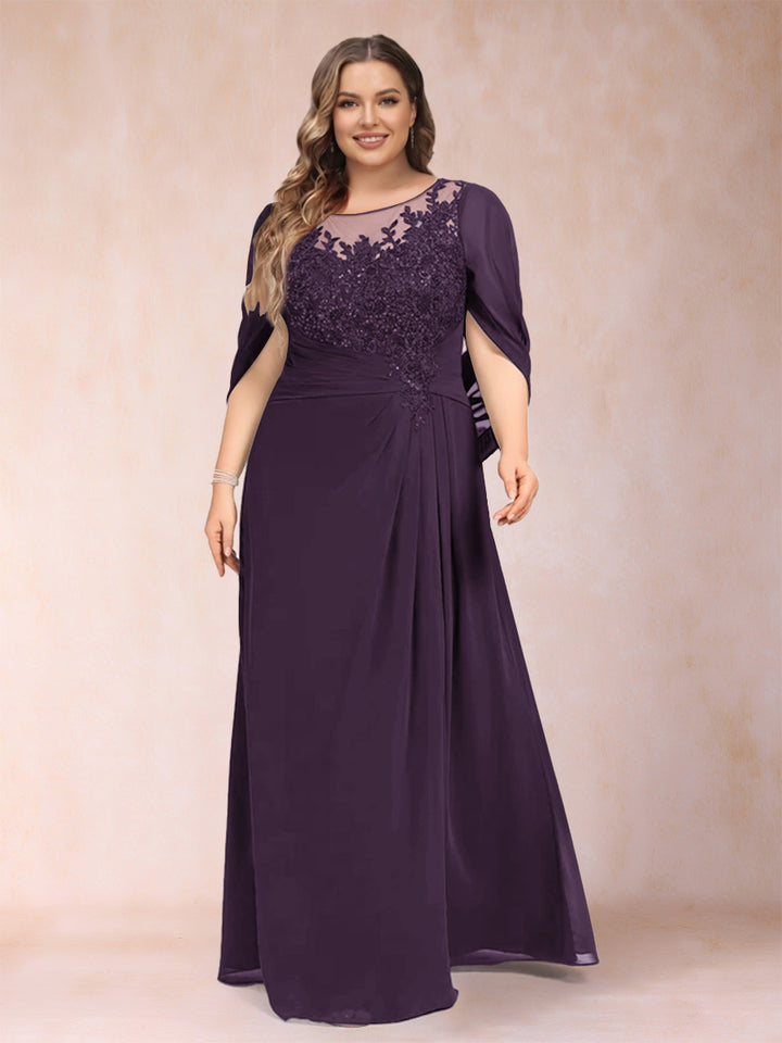 A-Line/Princess Scoop Half Sleeves Plus Size Mother of the Bride Dresses with Appliques &amp; Ruffles