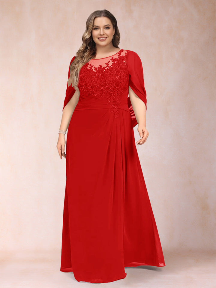 A-Line/Princess Scoop Half Sleeves Plus Size Mother of the Bride Dresses with Appliques &amp; Ruffles