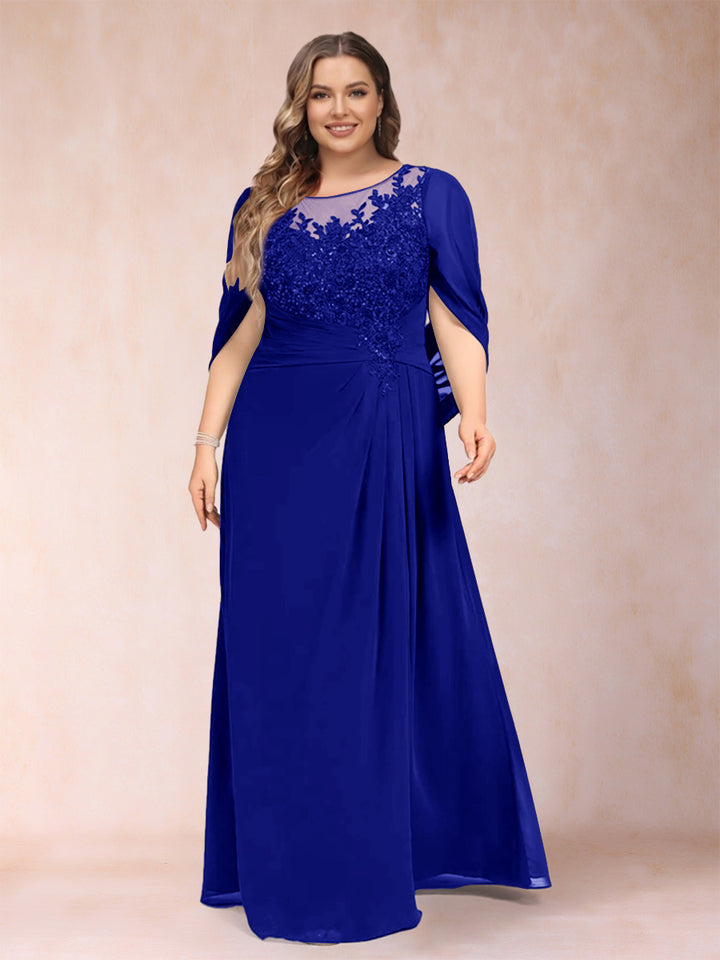 A-Line/Princess Scoop Half Sleeves Plus Size Mother of the Bride Dresses with Appliques &amp; Ruffles