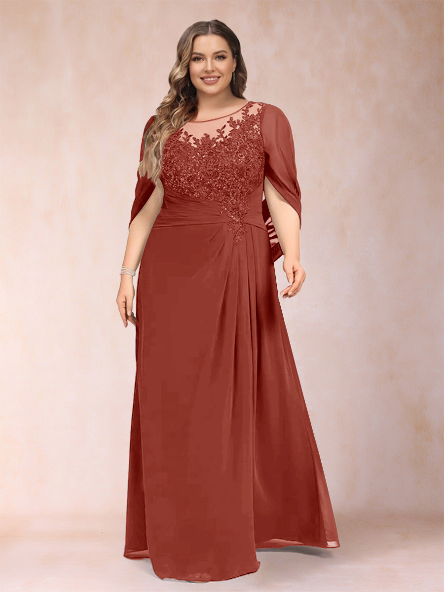 A-Line/Princess Scoop Half Sleeves Plus Size Mother of the Bride Dresses with Appliques &amp; Ruffles