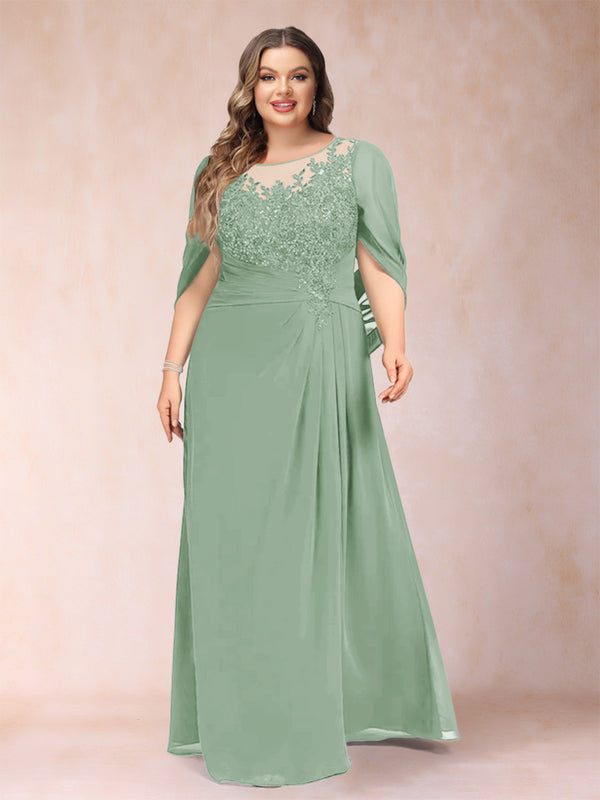 A-Line/Princess Scoop Half Sleeves Plus Size Mother of the Bride Dresses with Appliques & Ruffles