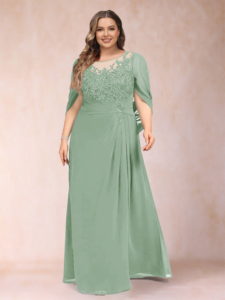 A-Line/Princess Scoop Half Sleeves Plus Size Mother of the Bride Dresses with Appliques &amp; Ruffles