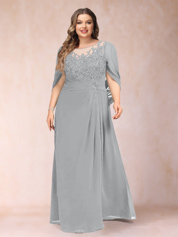 A-Line/Princess Scoop Half Sleeves Plus Size Mother of the Bride Dresses with Appliques & Ruffles
