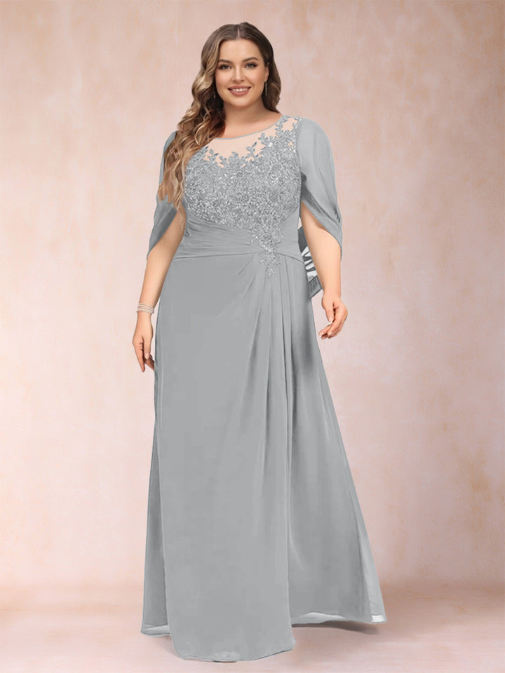 A-Line/Princess Scoop Half Sleeves Plus Size Mother of the Bride Dresses with Appliques &amp; Ruffles