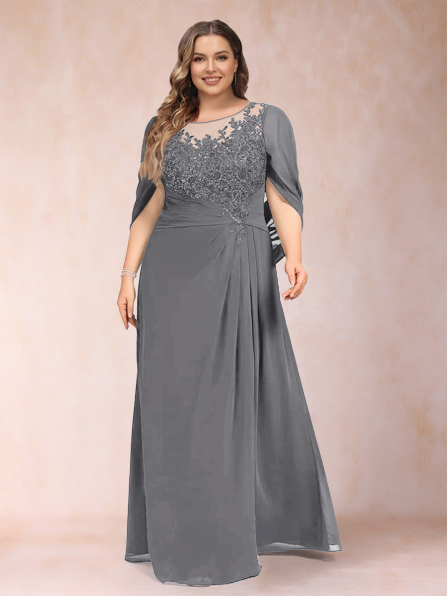 Lavetir Silver Gray A-Line/Princess Scoop Half Sleeves Plus Size Mother of the Bride Dresses with Appliques & Ruffles 2026