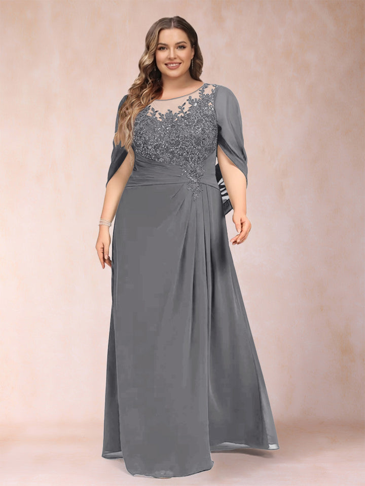 A-Line/Princess Scoop Half Sleeves Plus Size Mother of the Bride Dresses with Appliques &amp; Ruffles