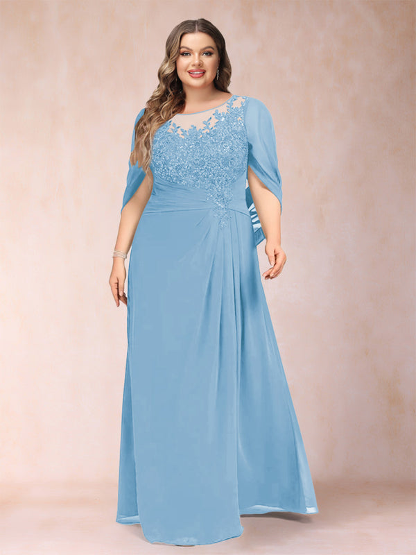 A-Line/Princess Scoop Half Sleeves Plus Size Mother of the Bride Dresses with Appliques & Ruffles