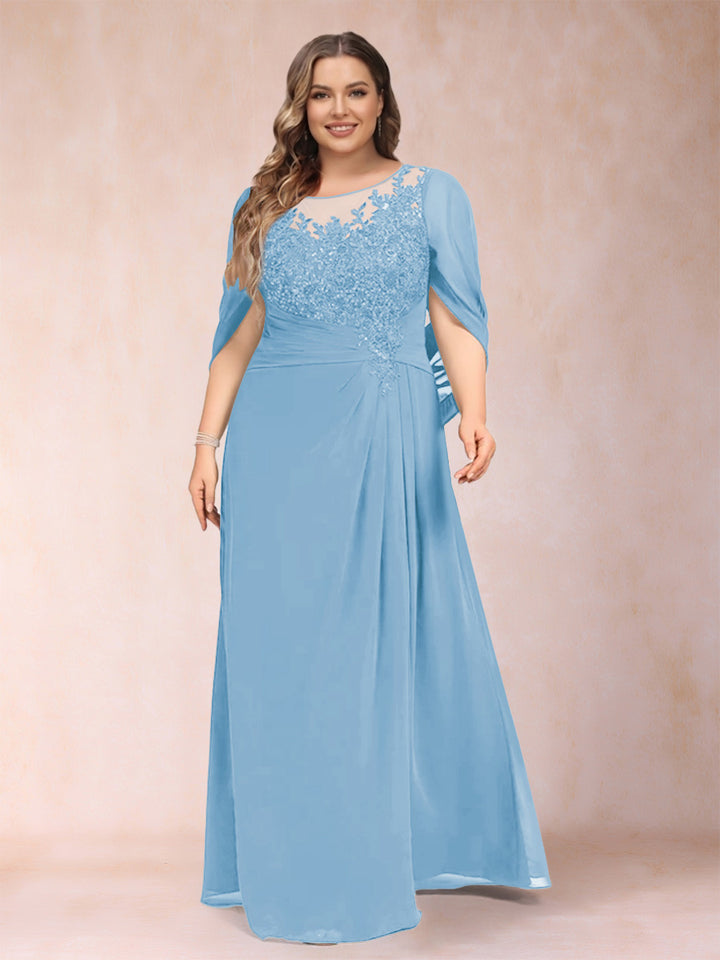 A-Line/Princess Scoop Half Sleeves Plus Size Mother of the Bride Dresses with Appliques &amp; Ruffles