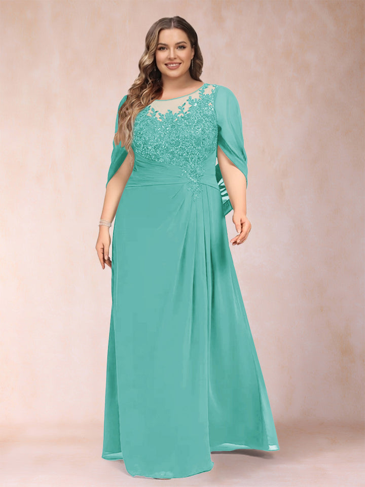 A-Line/Princess Scoop Half Sleeves Plus Size Mother of the Bride Dresses with Appliques &amp; Ruffles