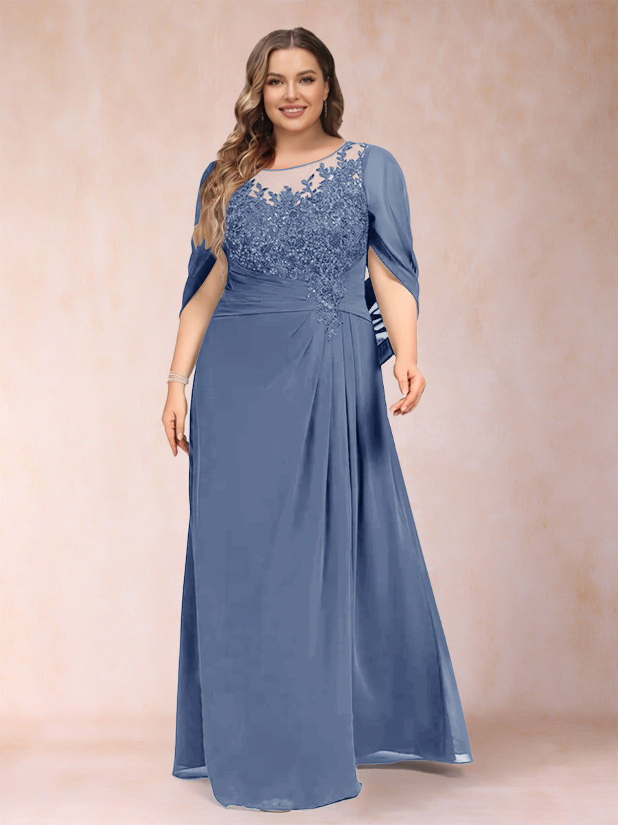 Lavetir Steel Blue A-Line/Princess Scoop Half Sleeves Plus Size Mother of the Bride Dresses with Appliques & Ruffles 2026
