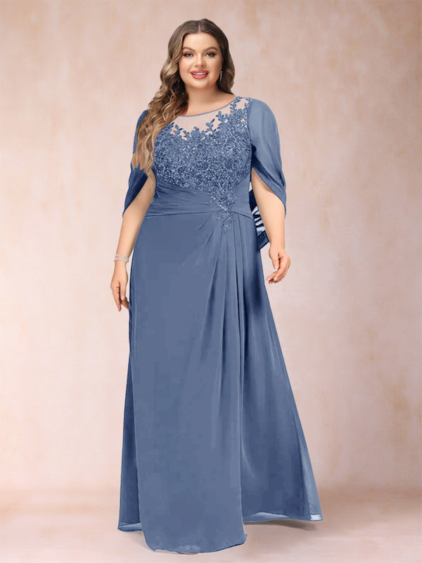 A-Line/Princess Scoop Half Sleeves Plus Size Mother of the Bride Dresses with Appliques & Ruffles