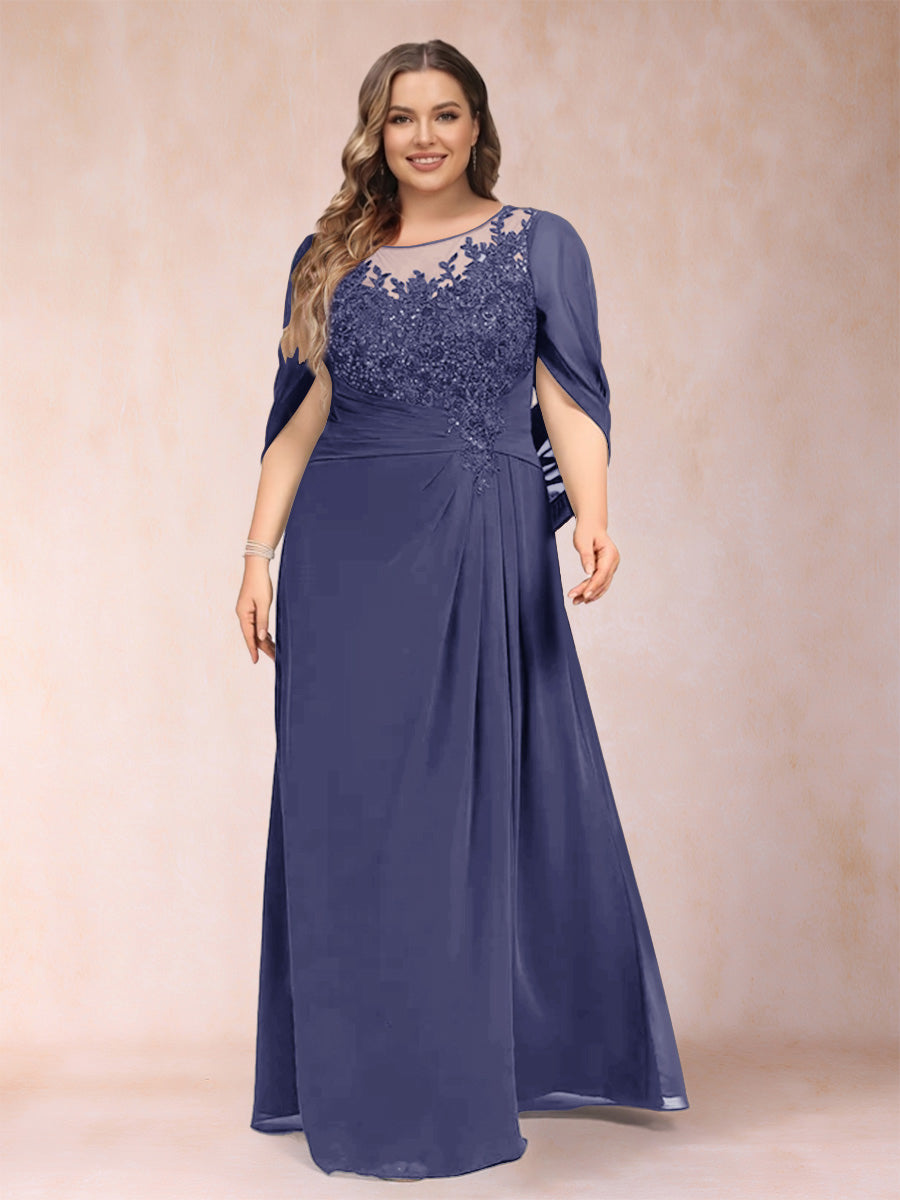 Lavetir Stormy Blue A-Line/Princess Scoop Half Sleeves Floor-Length Plus Size Mother of the Bride Dresses with Lace & Ruched 2026
