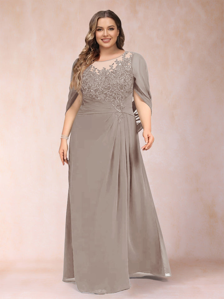 A-Line/Princess Scoop Half Sleeves Plus Size Mother of the Bride Dresses with Appliques &amp; Ruffles