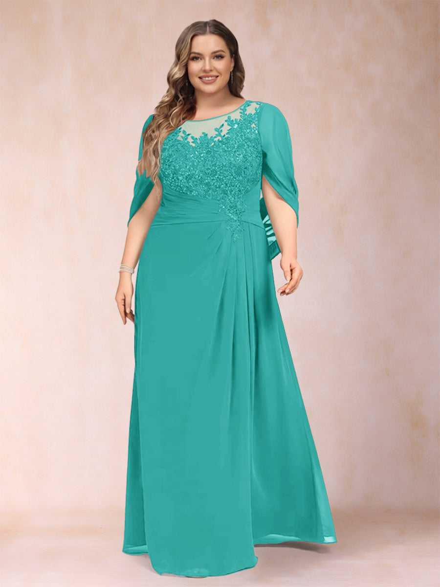 A-Line/Princess Scoop Half Sleeves Plus Size Mother of the Bride Dresses with Appliques &amp; Ruffles