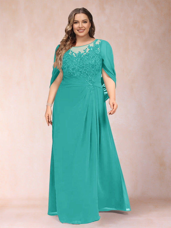 A-Line/Princess Scoop Half Sleeves Plus Size Mother of the Bride Dresses with Appliques &amp; Ruffles