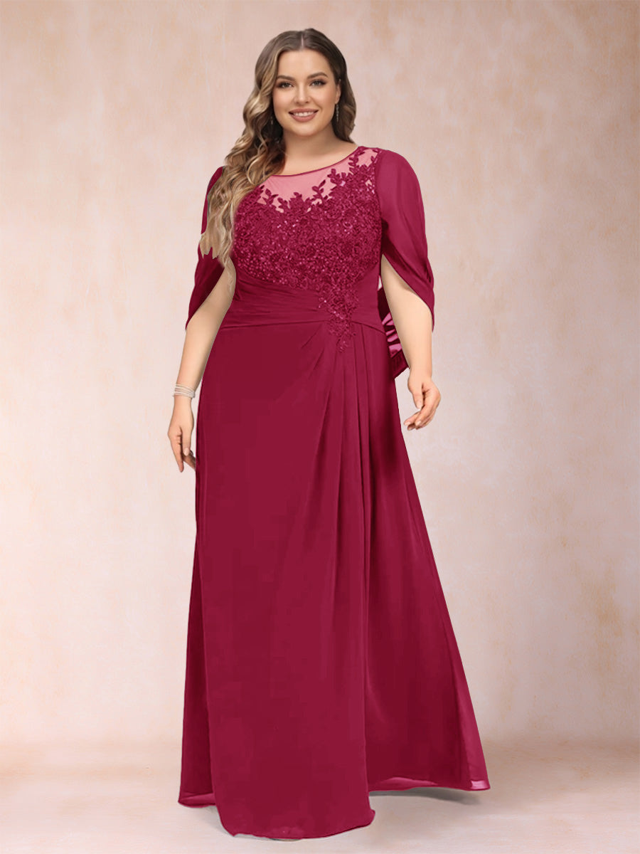 A-Line/Princess Scoop Half Sleeves Plus Size Mother of the Bride Dresses with Appliques &amp; Ruffles