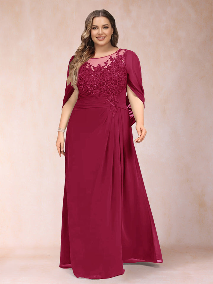 A-Line/Princess Scoop Half Sleeves Plus Size Mother of the Bride Dresses with Appliques &amp; Ruffles