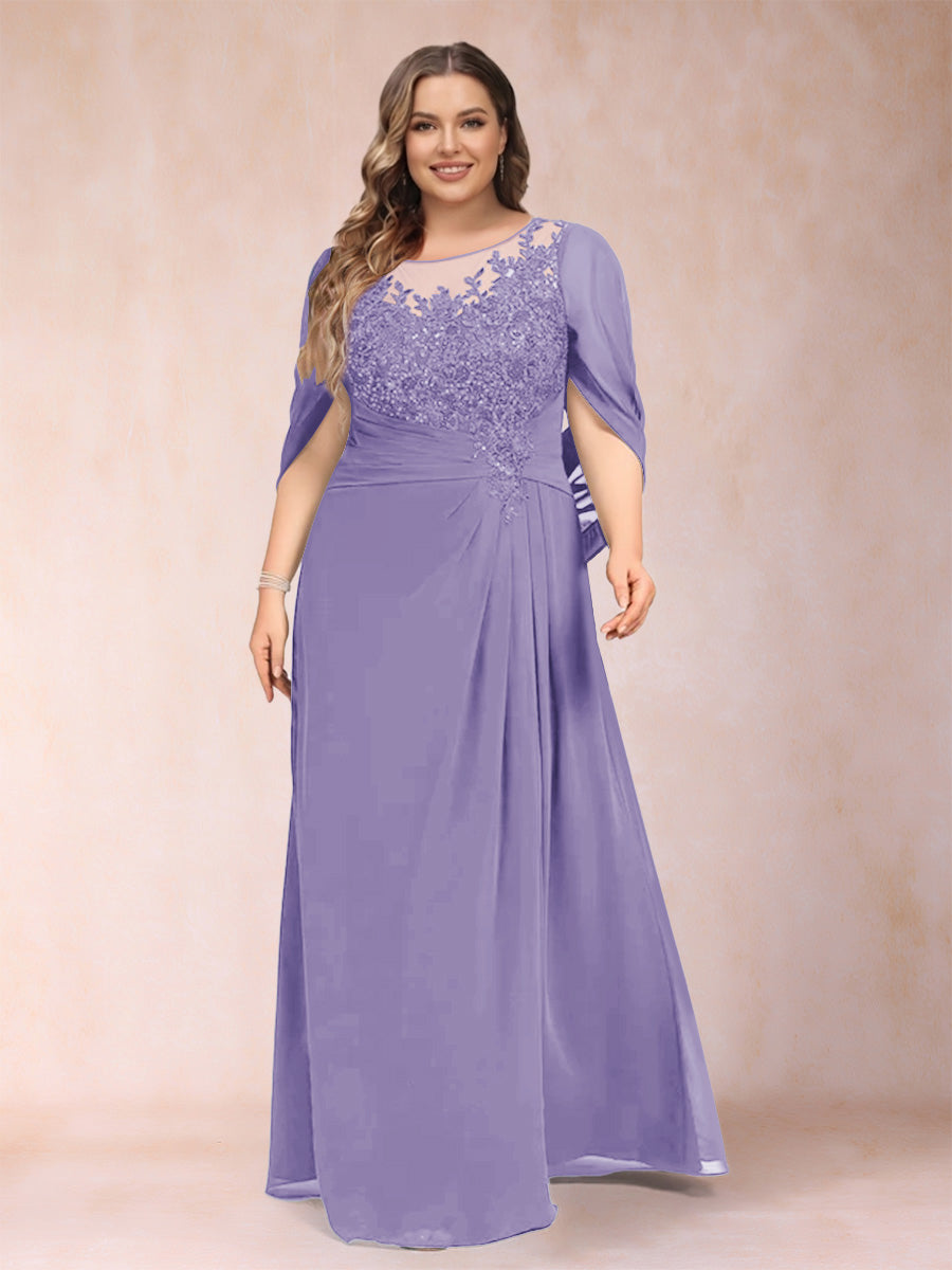 A-Line/Princess Scoop Half Sleeves Plus Size Mother of the Bride Dresses with Appliques &amp; Ruffles