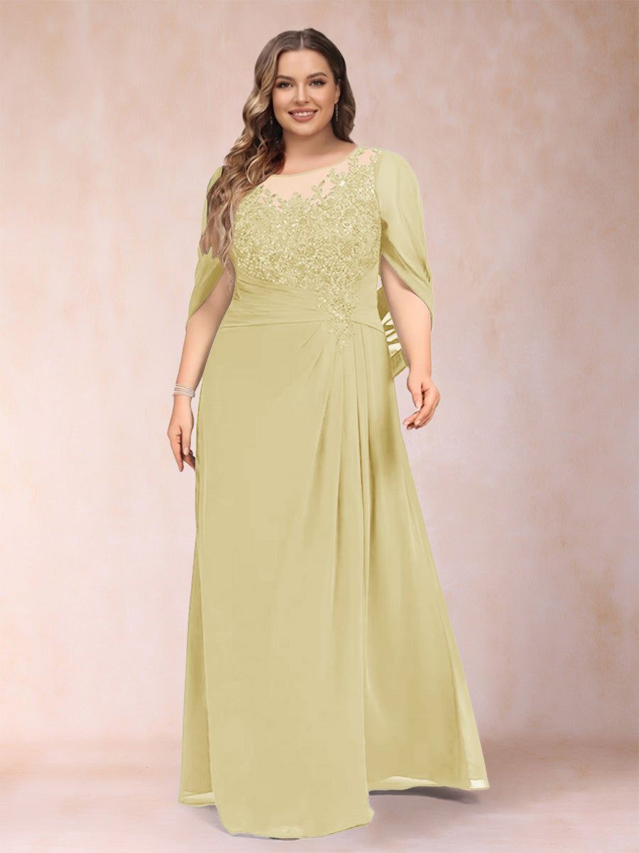 A-Line/Princess Scoop Half Sleeves Plus Size Mother of the Bride Dresses with Appliques &amp; Ruffles