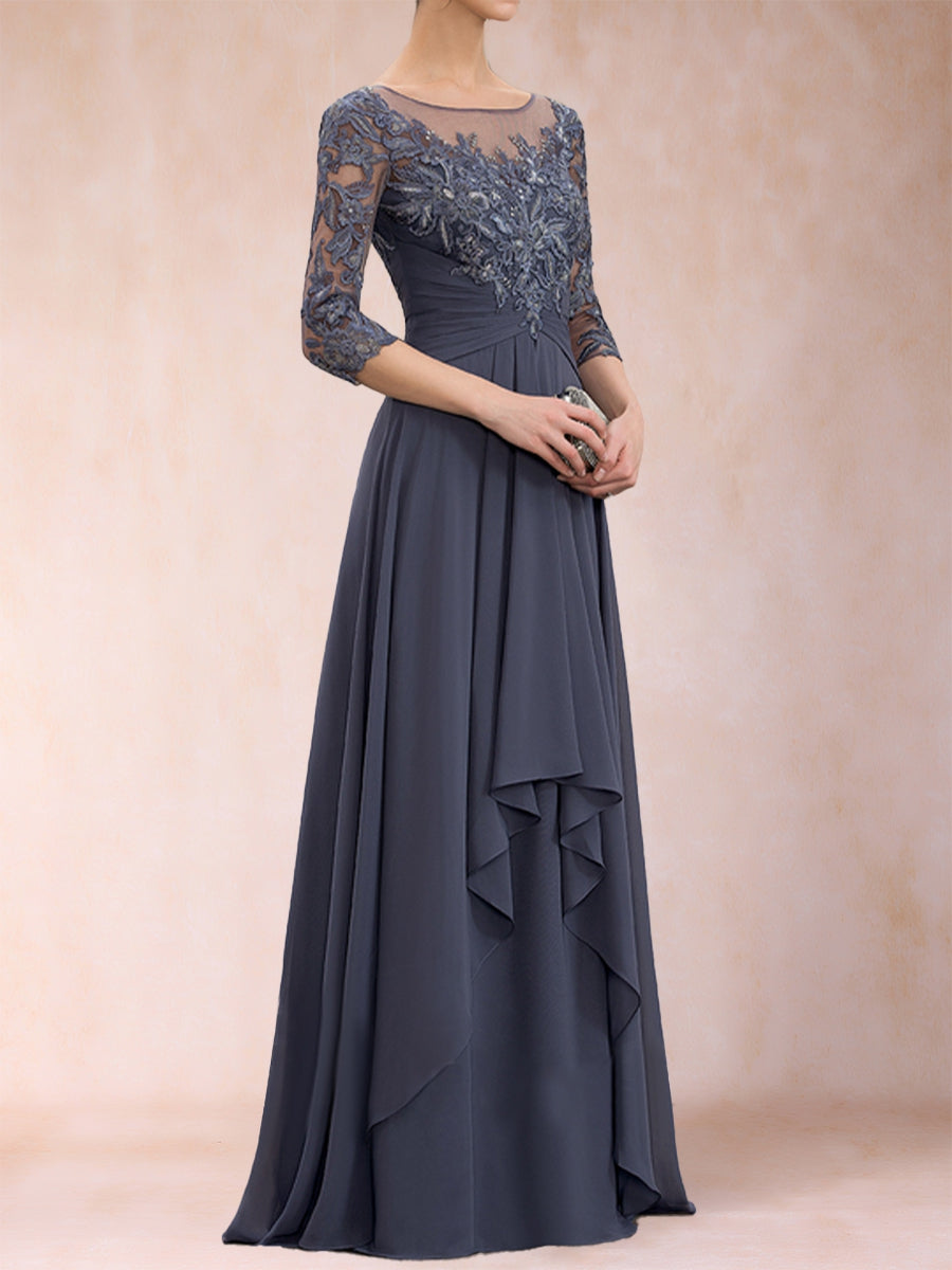 A-Line/Princess Scoop 3/4 Sleeves Chiffon Mother of the Bride Dresses with Appliques &amp; Ruffles