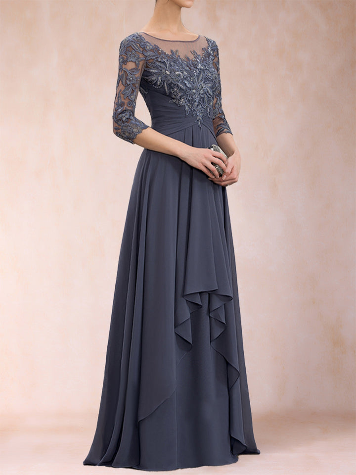 A-Line/Princess Scoop 3/4 Sleeves Chiffon Mother of the Bride Dresses with Appliques &amp; Ruffles