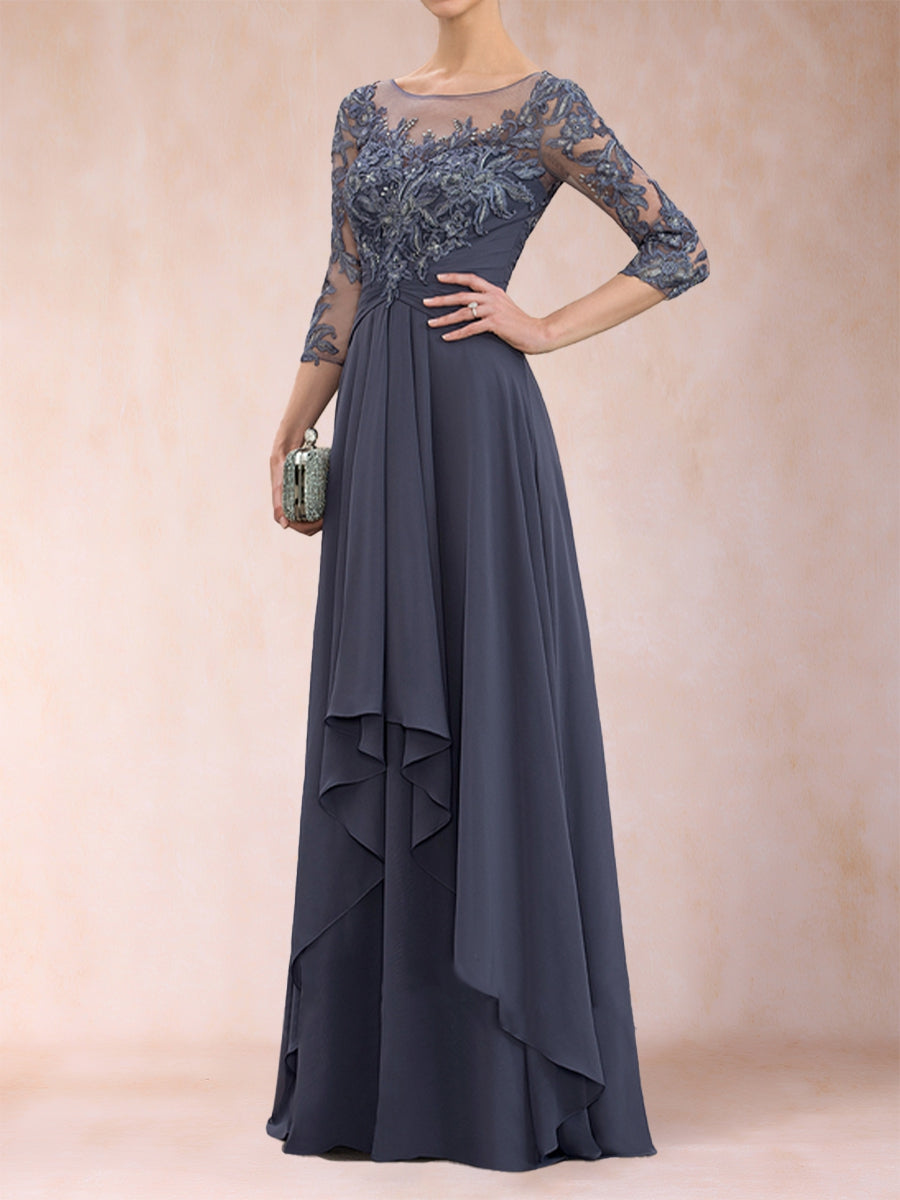 A-Line/Princess Scoop 3/4 Sleeves Chiffon Mother of the Bride Dresses with Appliques &amp; Ruffles