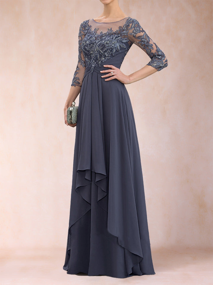 A-Line/Princess Scoop 3/4 Sleeves Chiffon Mother of the Bride Dresses with Appliques &amp; Ruffles