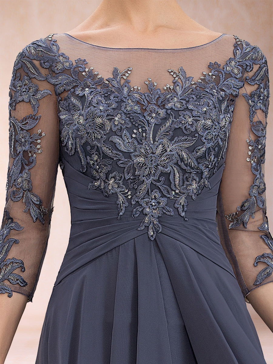 A-Line/Princess Scoop 3/4 Sleeves Chiffon Mother of the Bride Dresses with Appliques &amp; Ruffles