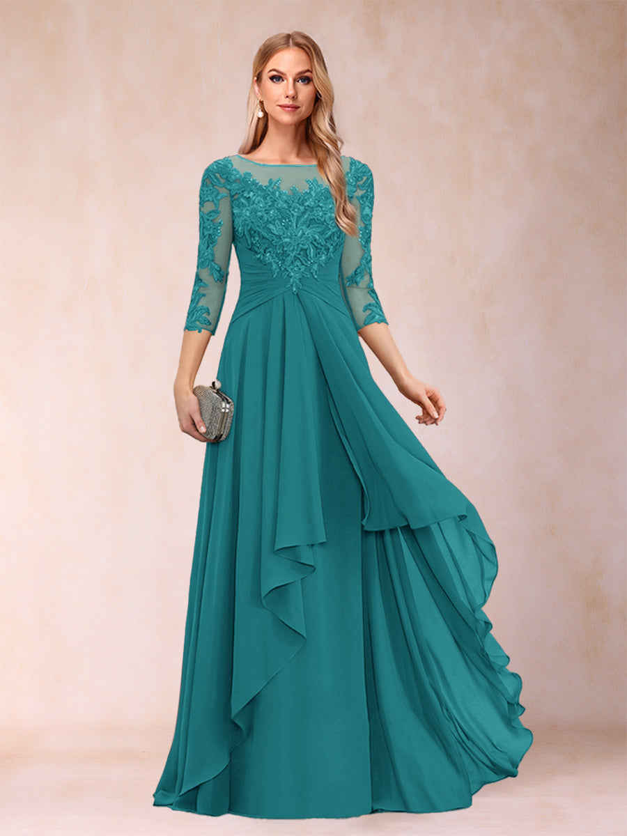 A-Line/Princess Scoop 3/4 Sleeves Chiffon Mother of the Bride Dresses with Appliques &amp; Ruffles