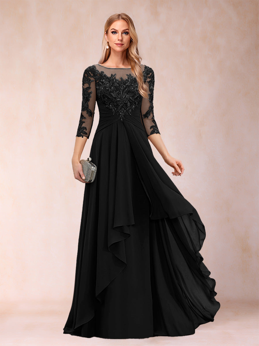 A-Line/Princess Scoop 3/4 Sleeves Chiffon Mother of the Bride Dresses with Appliques & Ruffles