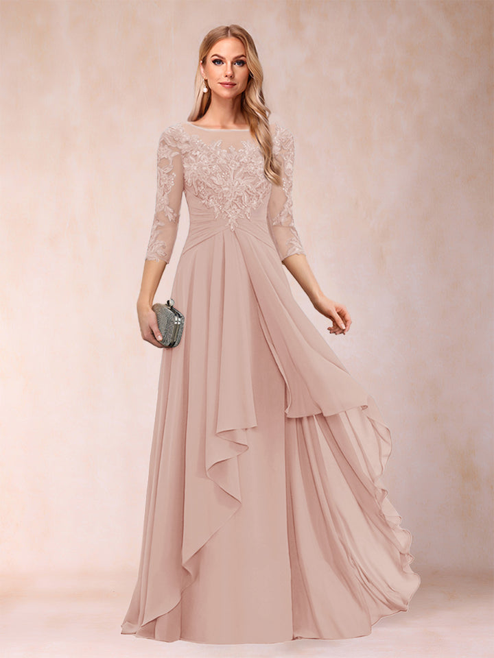 A-Line/Princess Scoop 3/4 Sleeves Chiffon Mother of the Bride Dresses with Appliques &amp; Ruffles