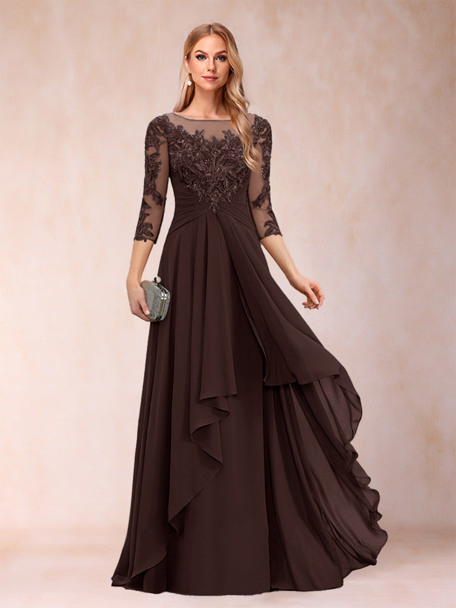 Lavetir Plum A-Line/Princess Scoop 3/4 Sleeves Chiffon Mother of the Bride Dresses with Appliques & Ruffles 2026