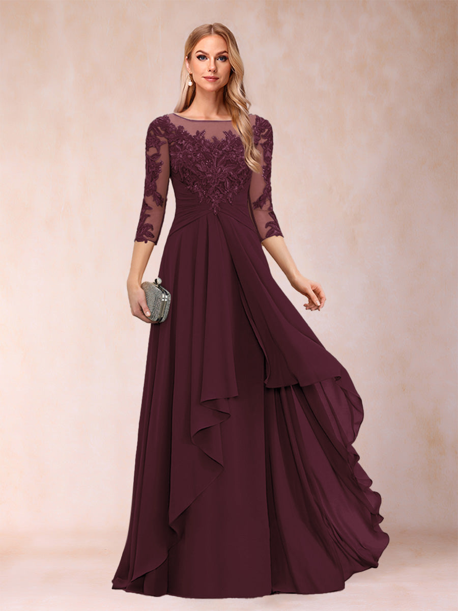 A-Line/Princess Scoop 3/4 Sleeves Chiffon Mother of the Bride Dresses with Appliques & Ruffles