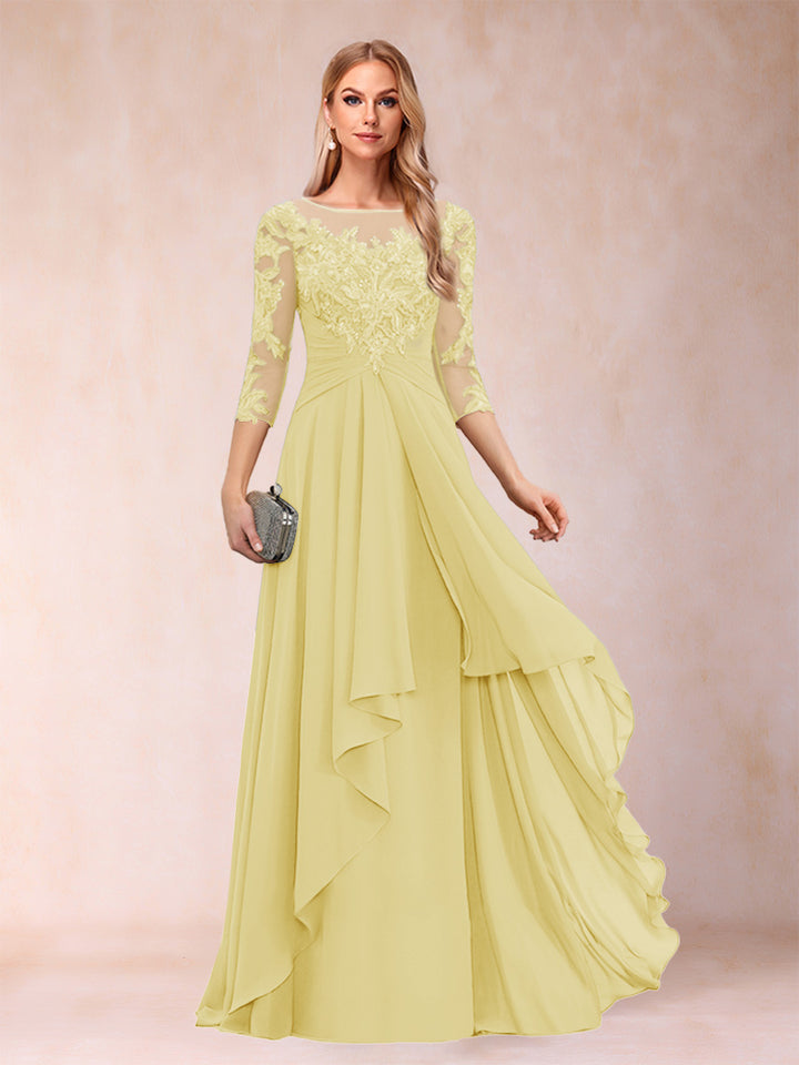 A-Line/Princess Scoop 3/4 Sleeves Chiffon Mother of the Bride Dresses with Appliques &amp; Ruffles